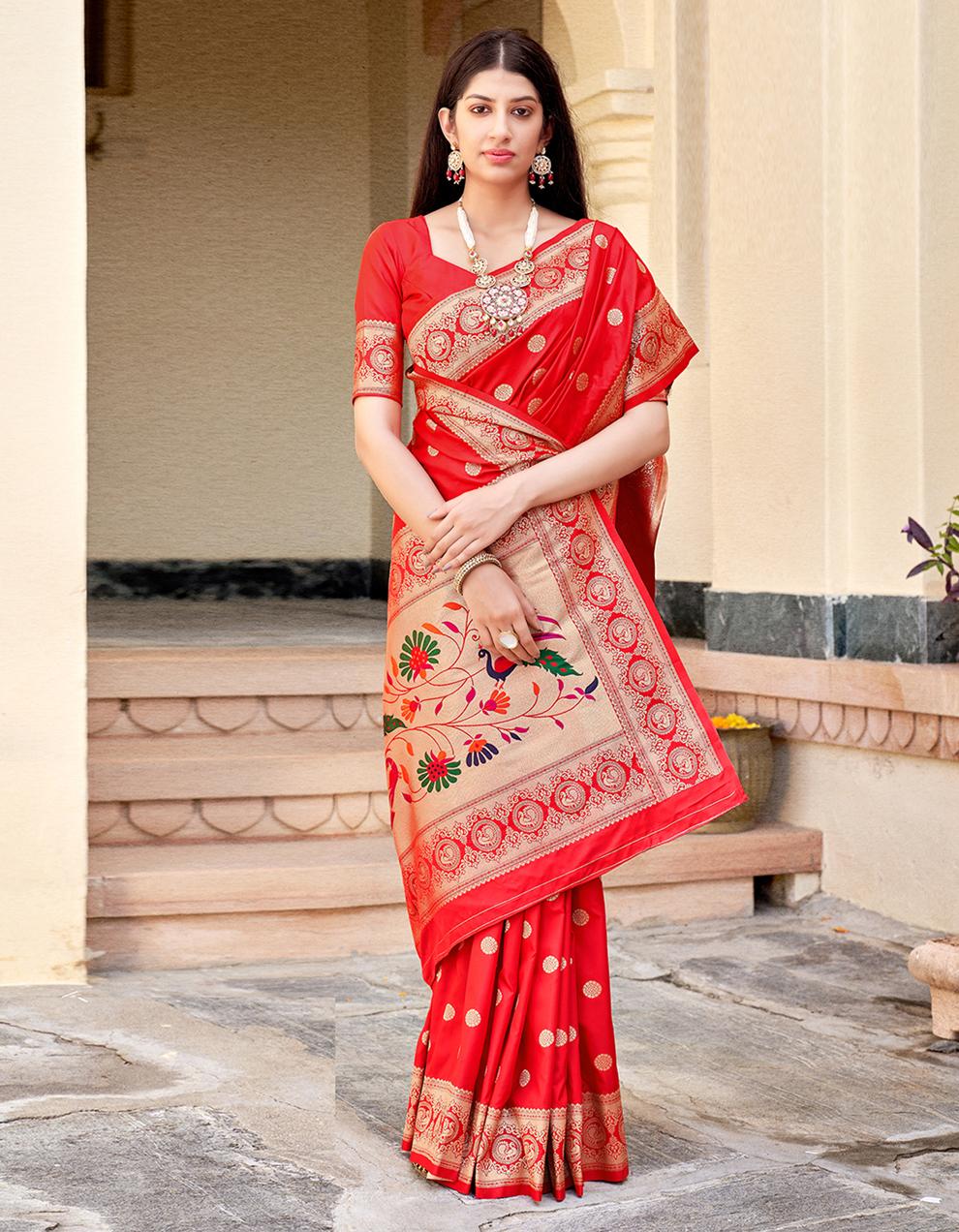 Red Banarasi Silk Saree With Blouse SD25835