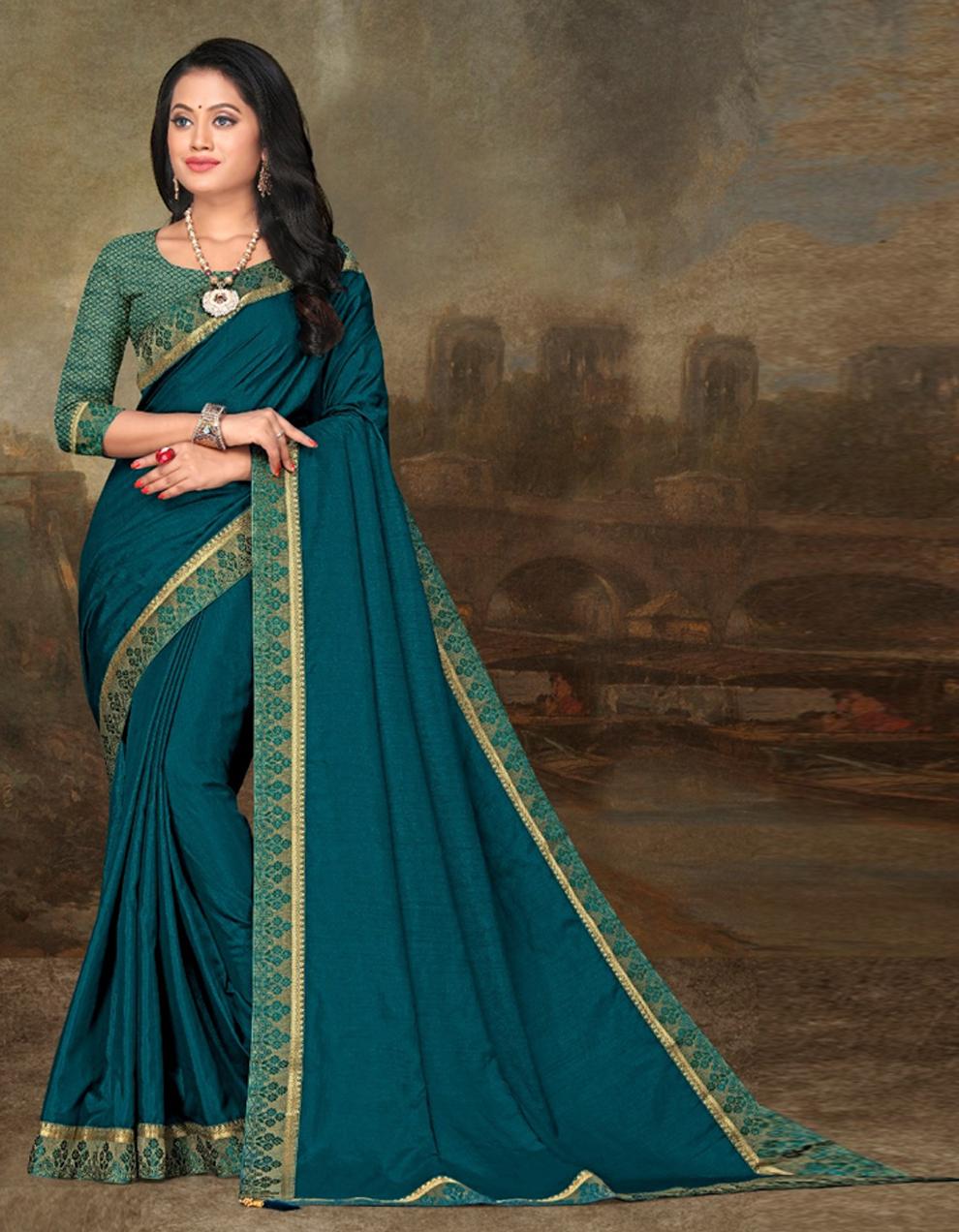 Teal Blue Vichitra silk Saree With Blouse IW23625