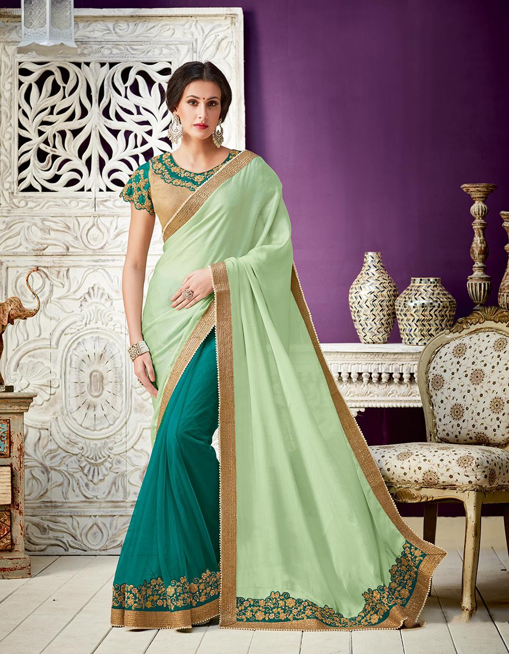 Green Georgette And Net Saree With Blouse MH18201