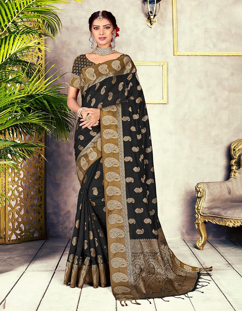 Black Chanderi Cotton Saree With Blouse MK26308