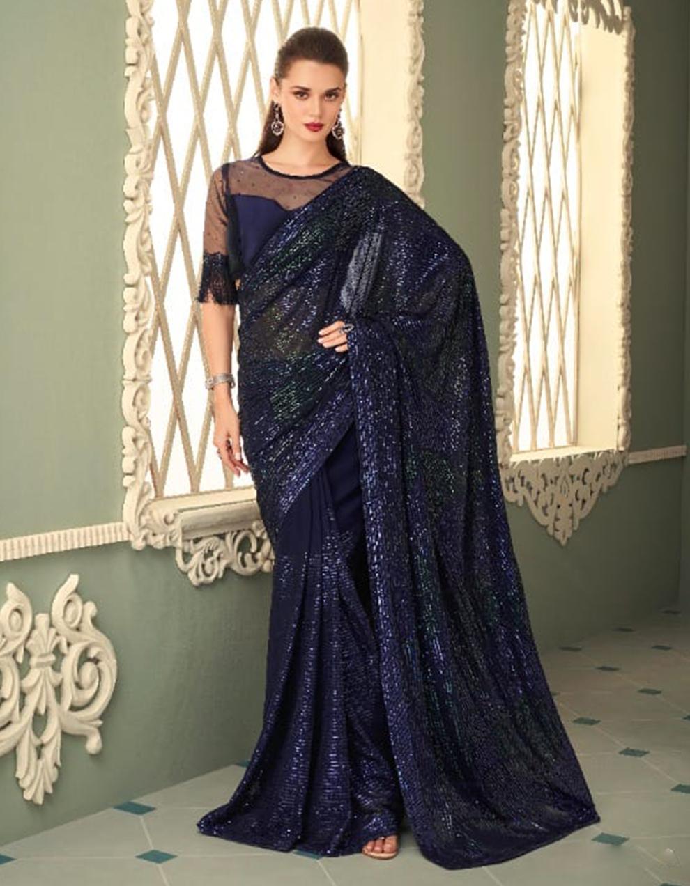 Navy Blue Georgette Saree for Women With Blouse SD27940