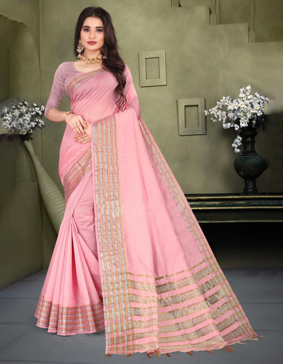 Pink Cotton Saree With Blouse MK25436