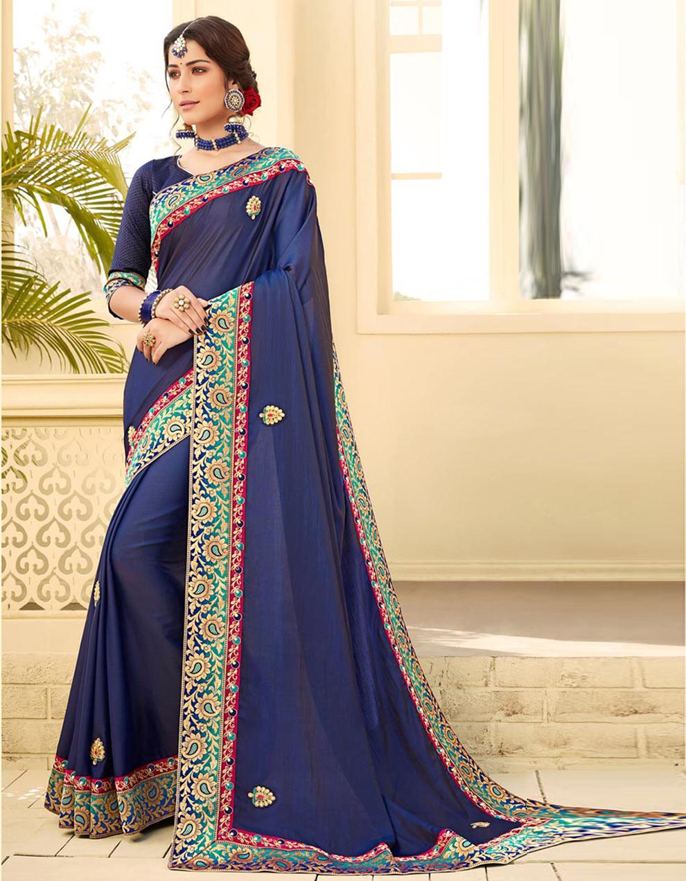 Navy Blue Two Tone Satin Silk Saree With Blouse IW19981