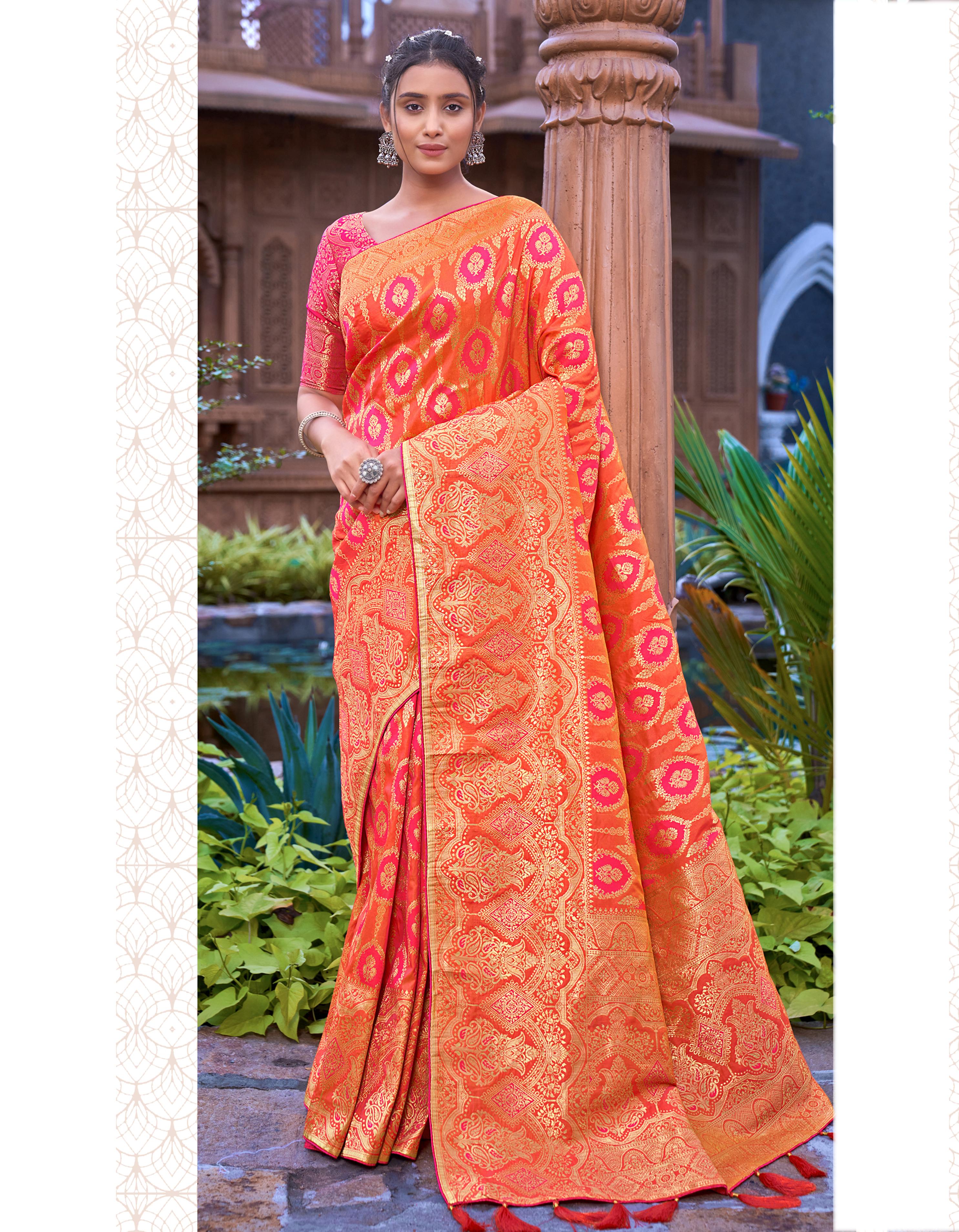 Orange And Pink Banarasi Silk Saree for Women With Blouse SD27142