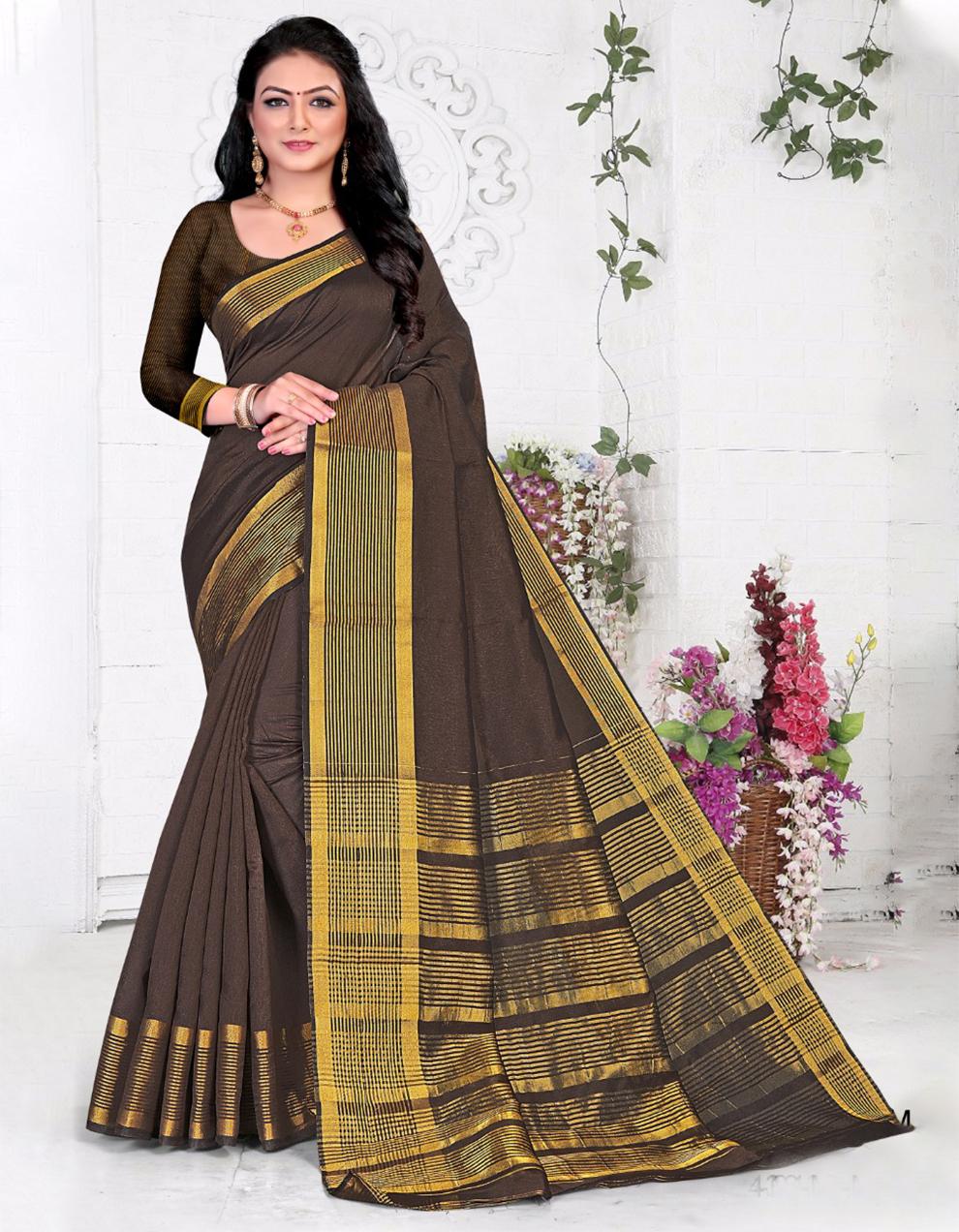Brown Cotton Silk Saree With Blouse MK25371