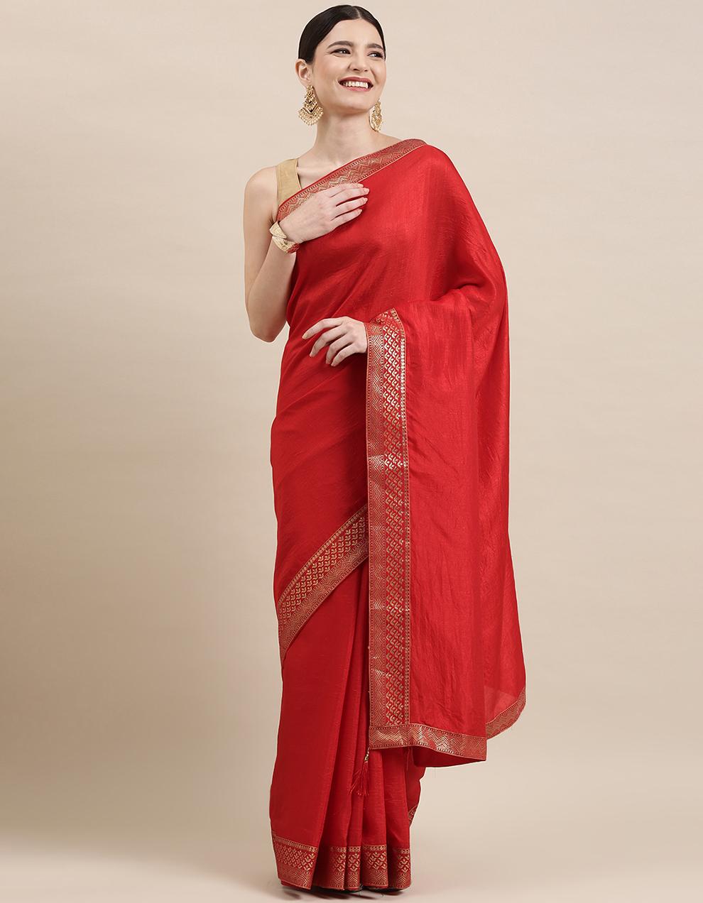 Red Vichitra Silk Saree With Blouse IW26543