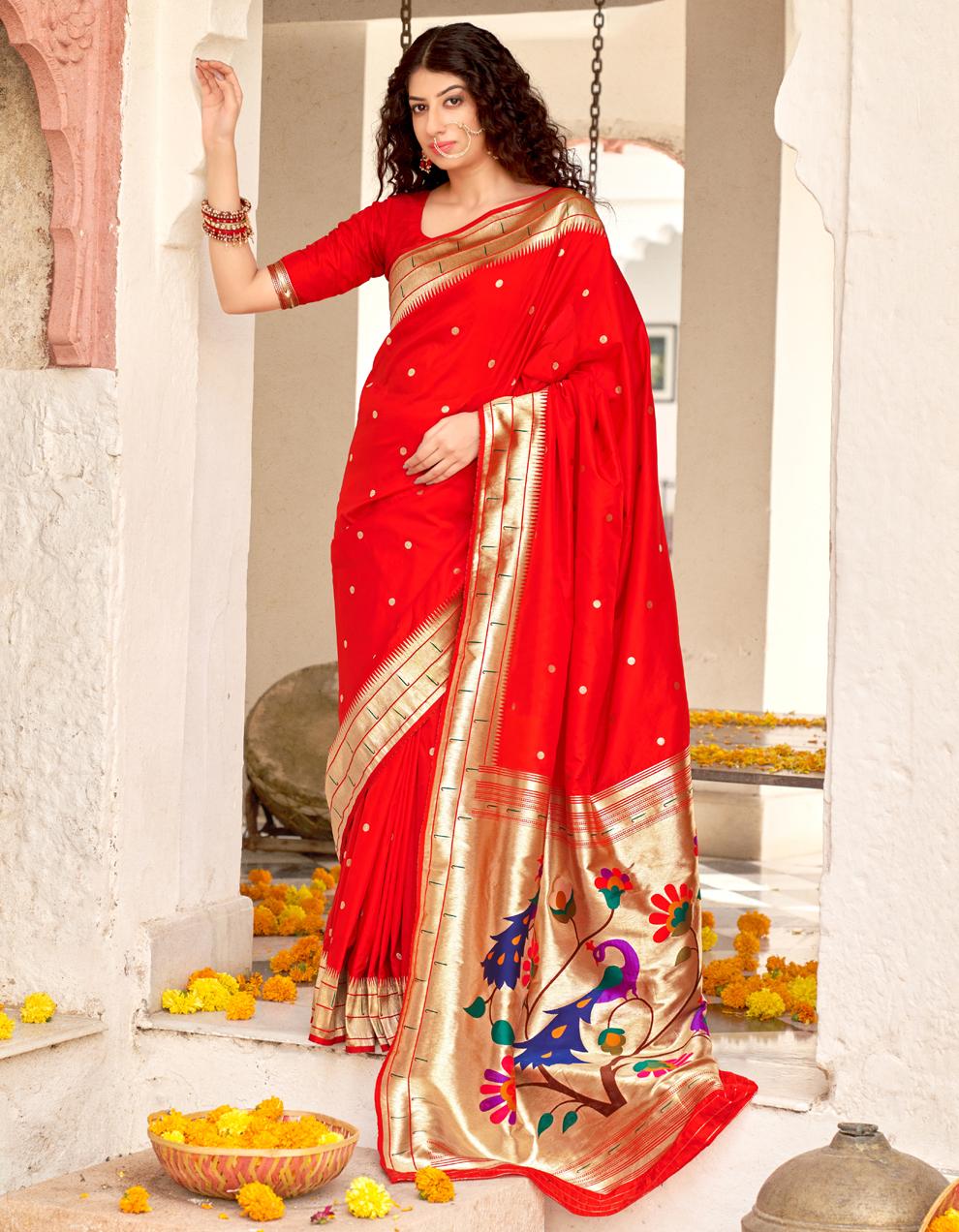 Red Banarasi Silk Saree With Blouse SD26193