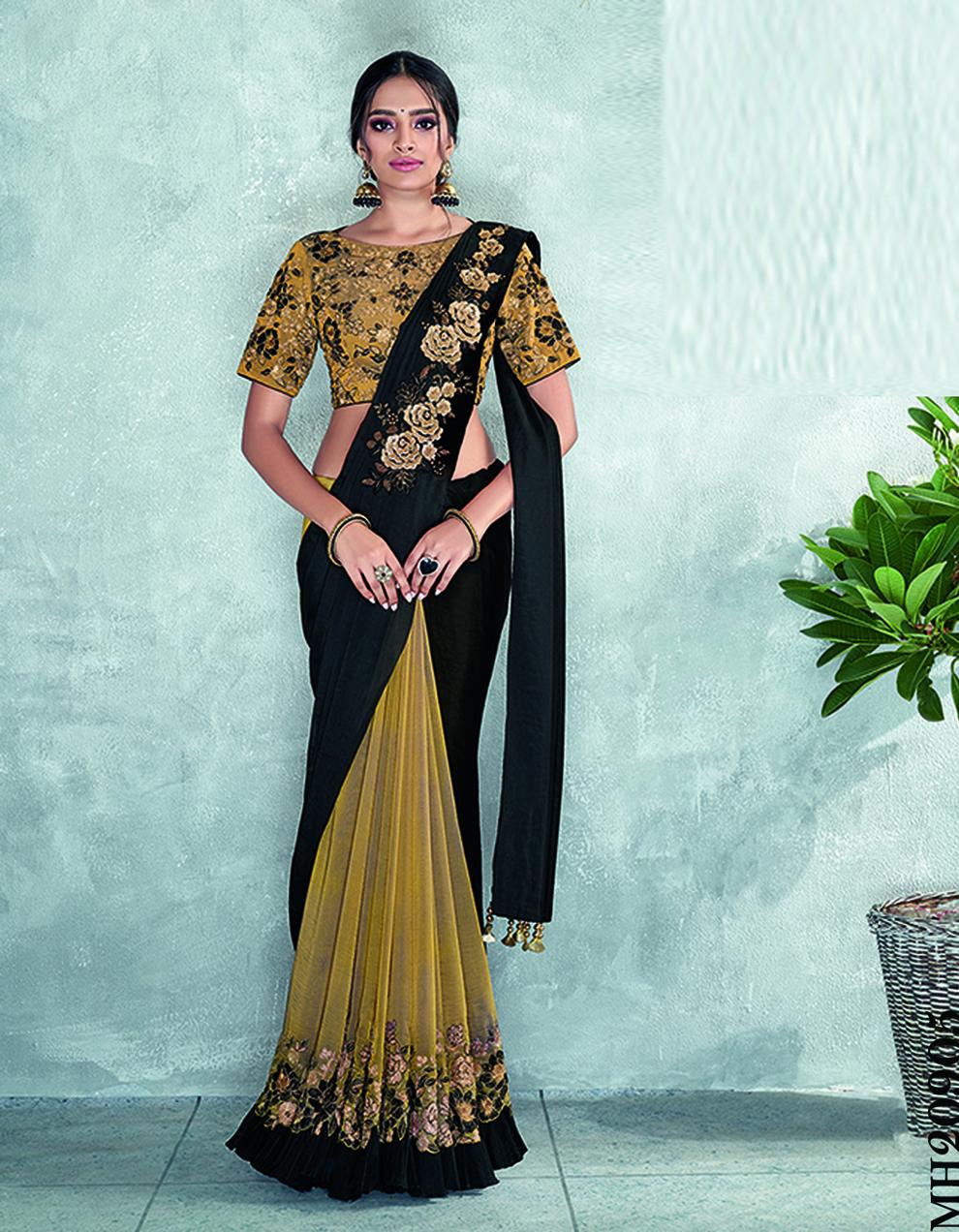 Black And Yellow Satin Silk And Tissue Pre-Plated Saree With Stitched Blouse MH20905