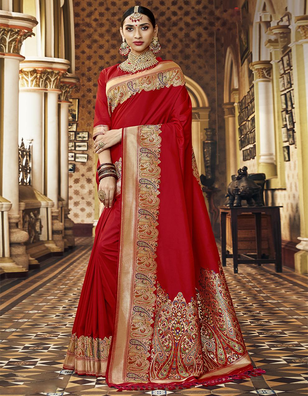 Red Banarasi Silk Saree With Blouse SD26057