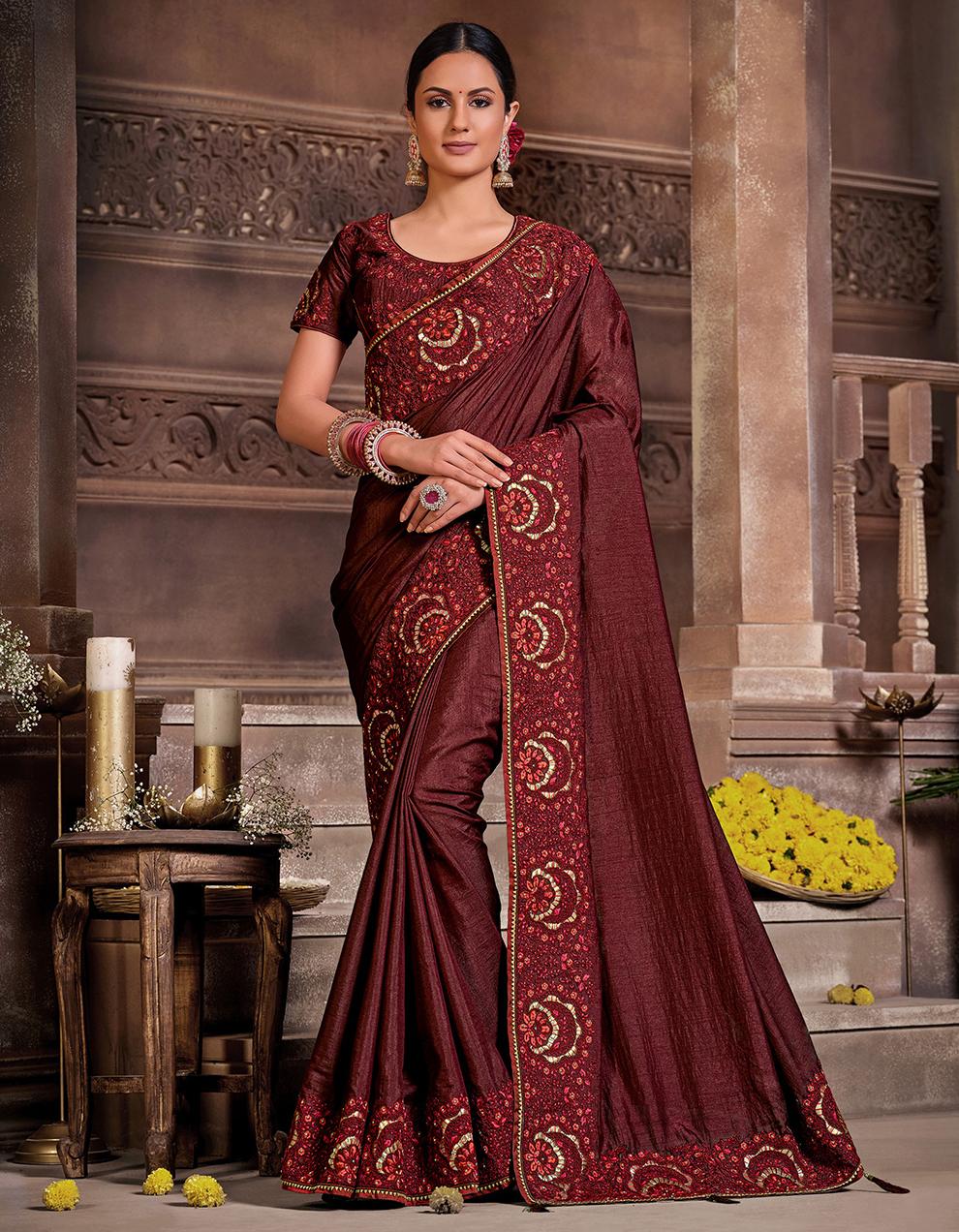 Maroon Poly Silk Saree With Blouse IW25011