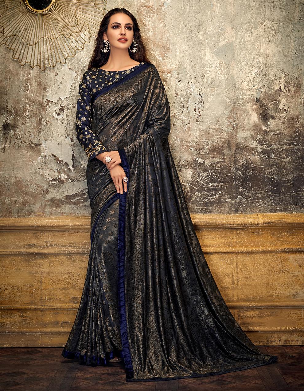 Blue Embossed lycra Saree With Blouse MH21182