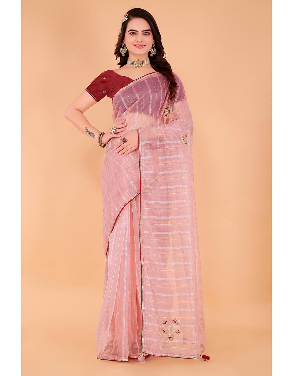 PINK Organza Saree for Women With Blouse SD29106