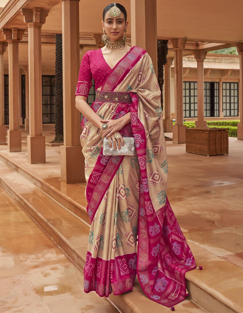 Beige Pure Dola Silk Patola Saree for Women With Blouse SD27905
