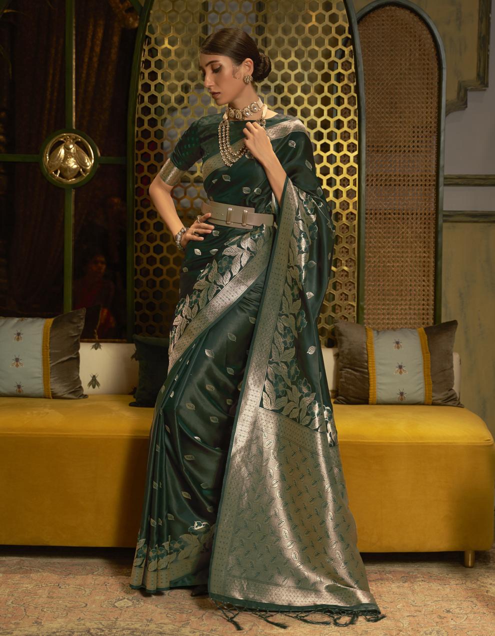 Green Satin Handloom Saree for Women With Blouse SD27689