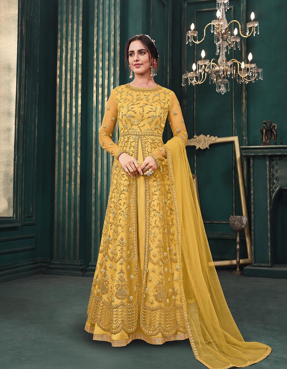 Yellow Net Anarkali Suit with Heavy Embroidery Work SAF8682