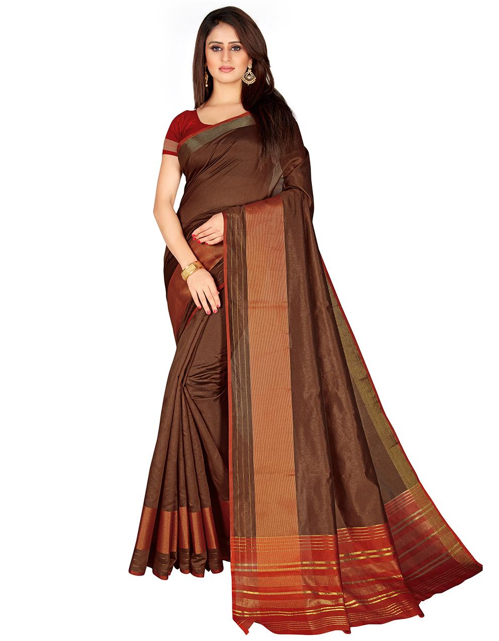 Brown Cotton Silk Saree With Blouse MK25319