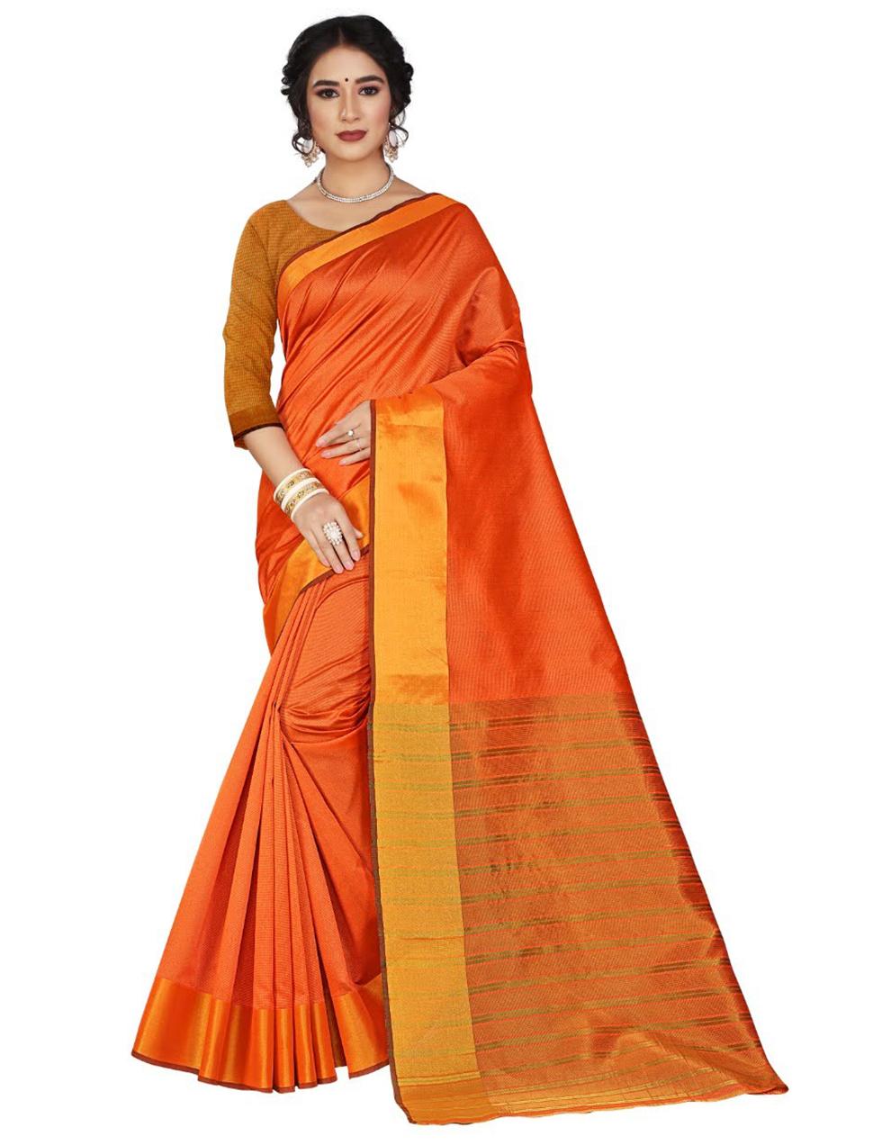Orange Cotton Silk Saree With Blouse MK25294