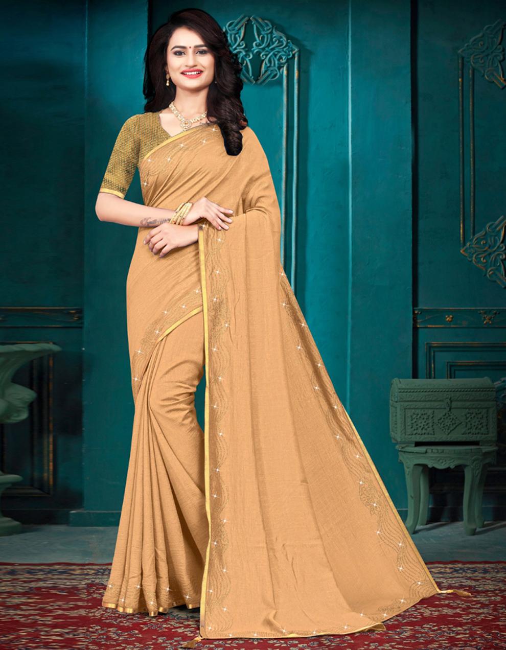 Beige Vichitra silk Saree With Blouse IW24338