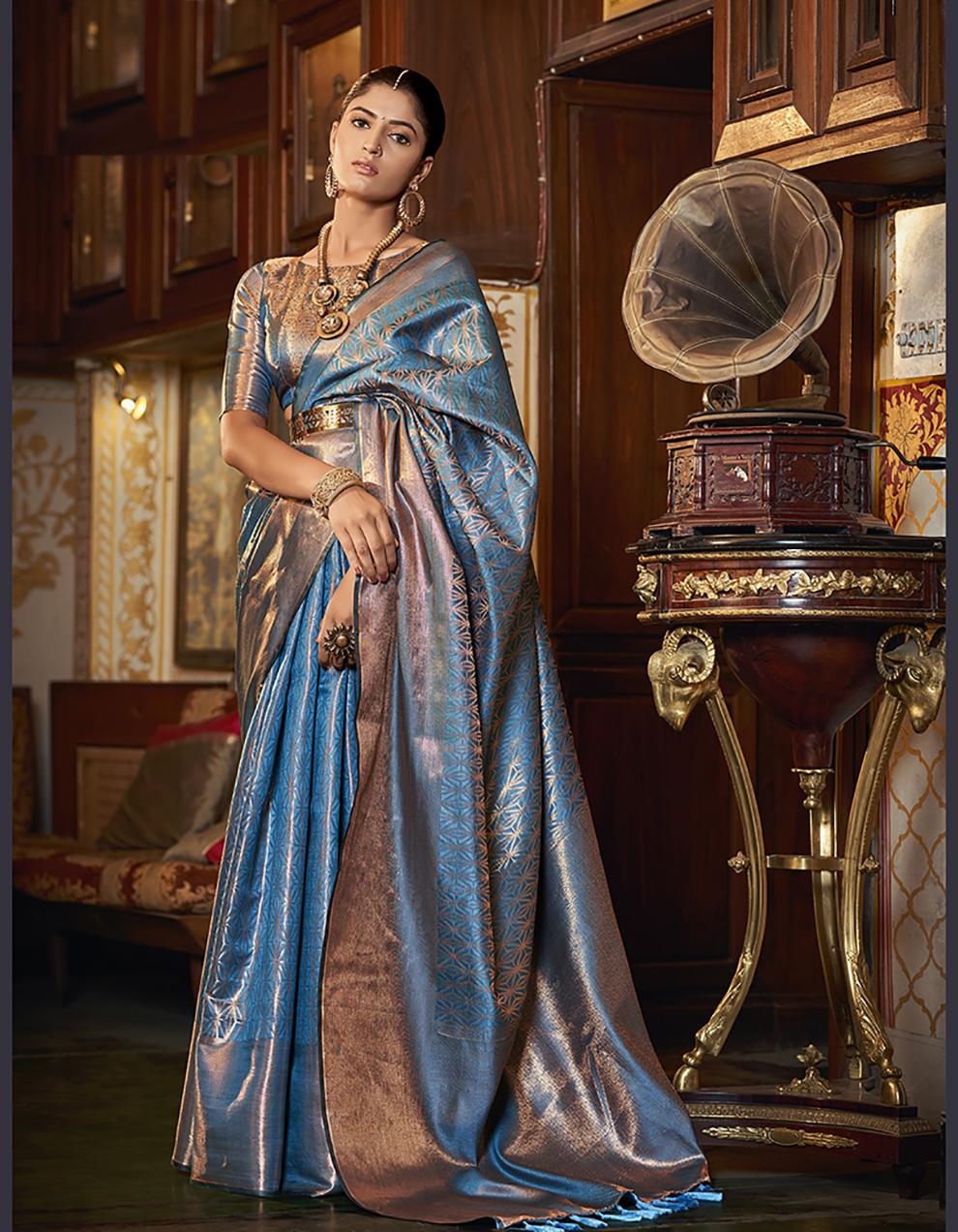Blue Handloom Silk Kanjivaram Saree for Women With Blouse SD27554