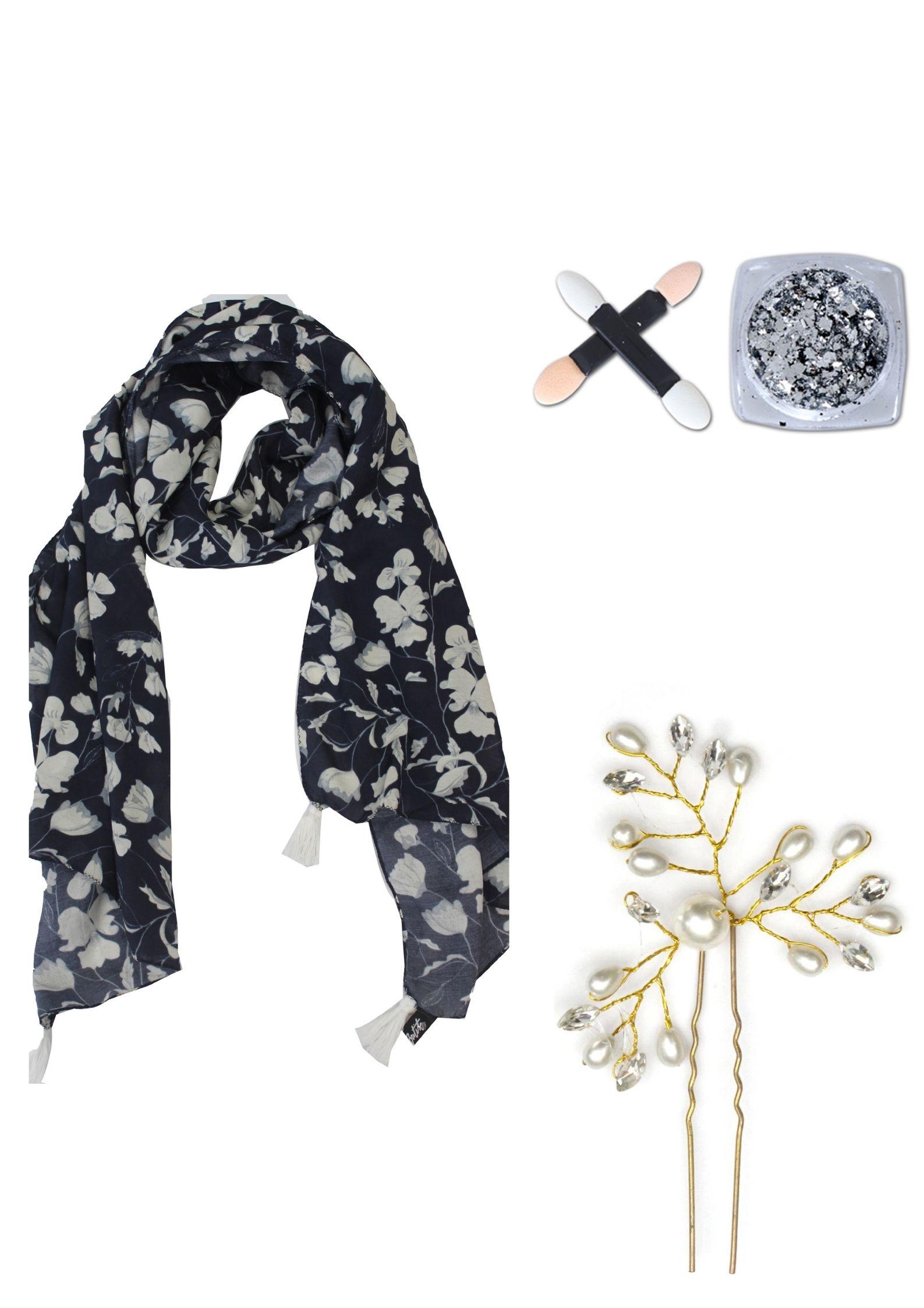 Blue Muslin Printed Scarf combo with Nail Art Glitter powder and Hair Pin for Women SCB2