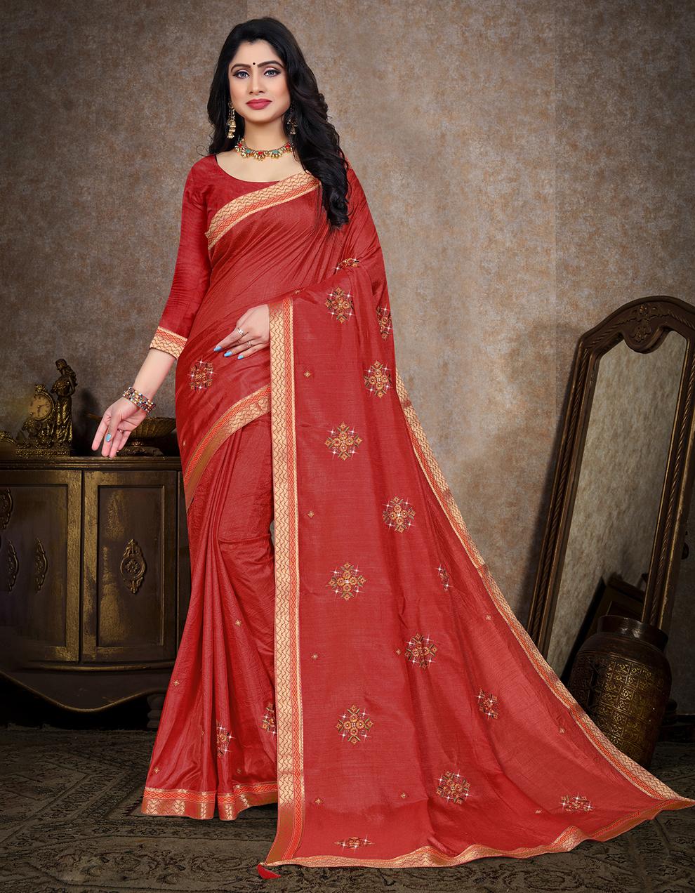 Red Vichitra Silk Saree With Blouse IW26974