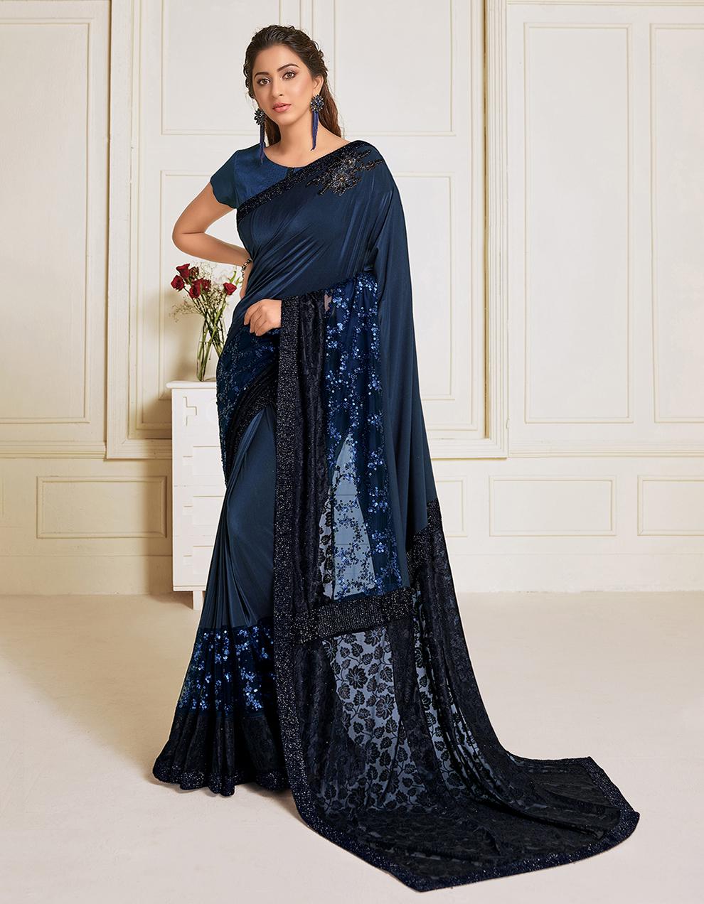 Navy Blue Lycra Saree With Blouse MH23992