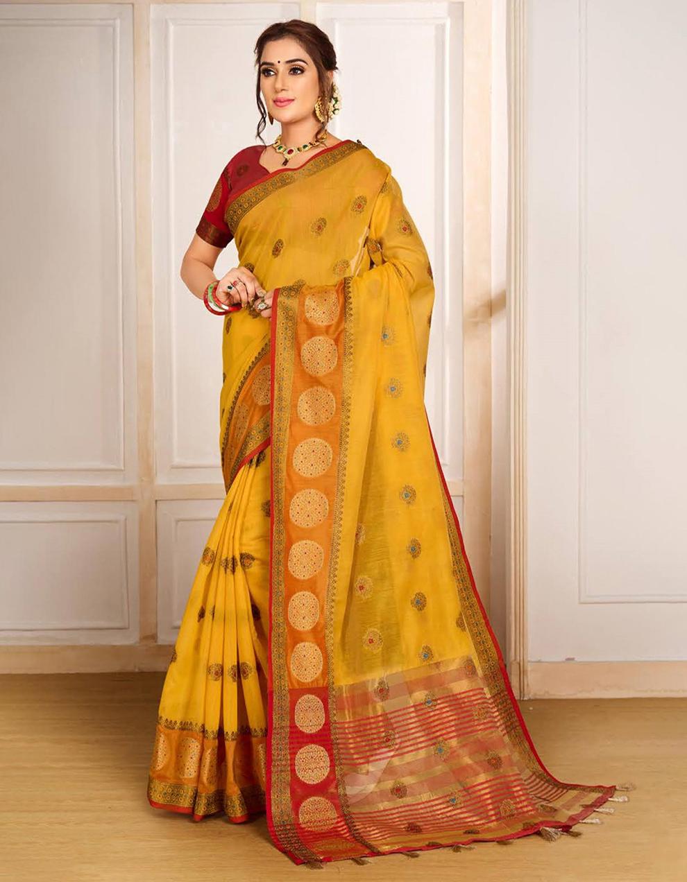 Yellow Chanderi Cotton Saree With Blouse MK25915